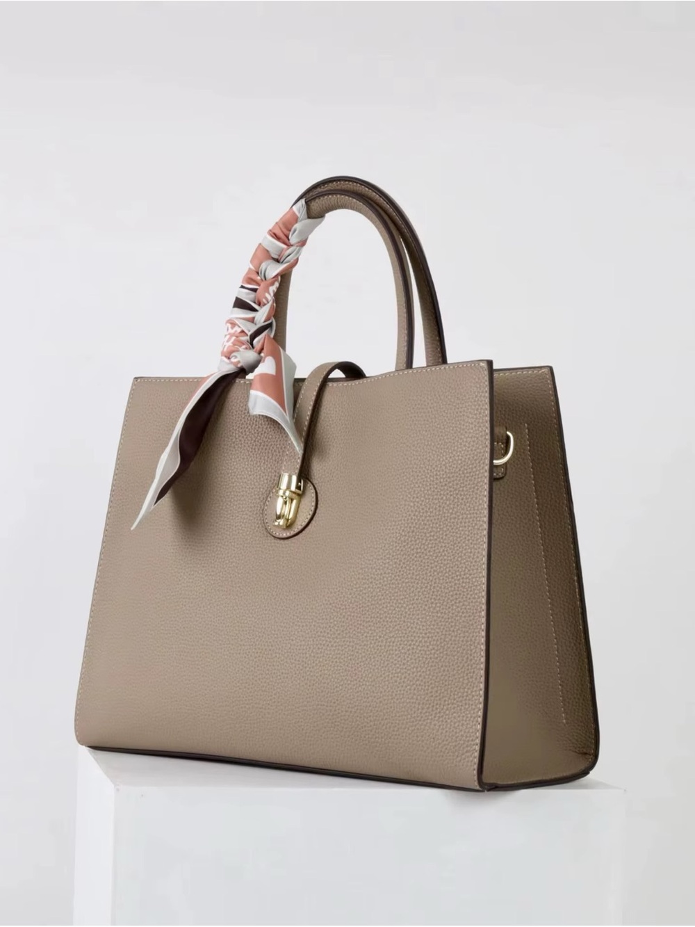Classic Structured Togo Leather Bag in Brown with Scarf Accent